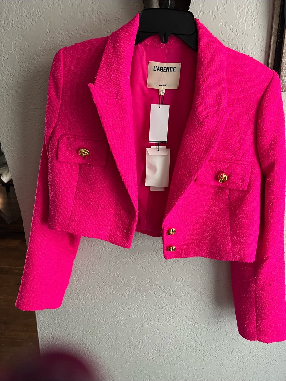 L'AGENCE Cropped Tweed Blazer in Hot Pink